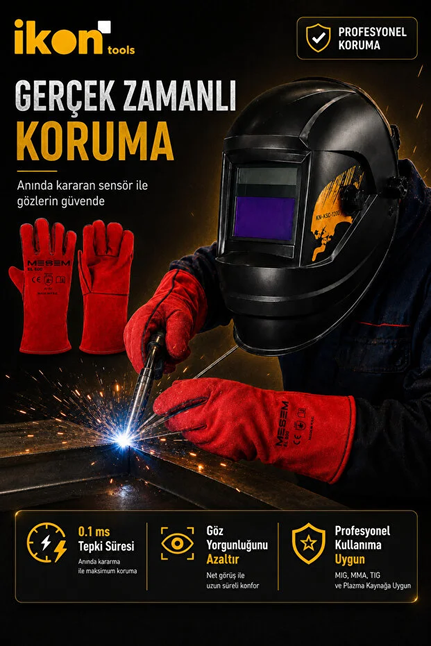 İkon Tools Otomatik Kararan Kaynak Maskesi Kn-ksc-1200 Kaynakçı Eldiveni Seti Dın 9-13 Tıg Mıg Mma Uyumlu