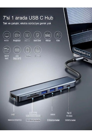 7in1 Aluminium Pd100w Hızlı Şarj 4k 60hz Hdm 3xusb 1xtype-c Tf/sd Usb Çoklayıcı Çevirici