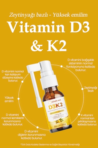 Vitamin D3&k2 İçeren Sıvı Takviye Sprey 20 ML