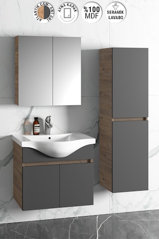Yıldız 55+35 Cm Atlantik Çam- Antrasit Gri Mat Mdf Seramik Lavabo Antrasit - Atlantik Çam