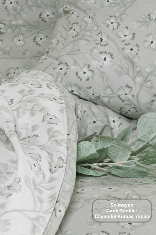 Elart Jasmin Nevresim Takımı Çift Kişilik %100 Pamuk Ranforce Lastikli Çarşaf 200x220 Cm Yeşil Yeşil