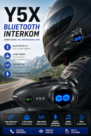 Y5x Bluetooth Kask Kulaklığı 1000 Metre İnterkom 4 Kişi Grup Konuşma Müzik Paylaşımı Mikrofonlu Motosiklet Kulaklığı