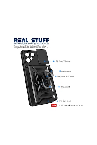 Teleplus Tecno Pova Curve 2 Kılıf Magnetik Standlı Kamera Korumalı Slide Sürgülü Cover Kapak Siyah