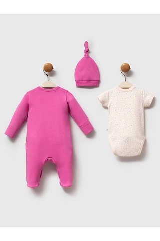 Moi Noi Baby Moi Noi 3lü Şapkalı Baskılı Tulum - Fusya Fuşya