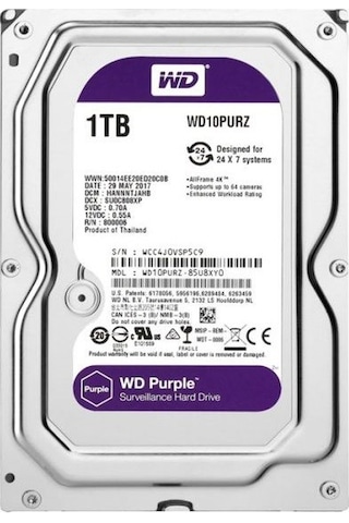 Wd Purple, Wd10purz, 3.5" 1tb, 64mb, 5400 Rpm, 7/24 Güvenlik, Hdd