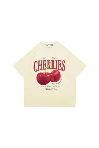 Noıssey Bej Red Cherries Baskılı Oversize Unisex