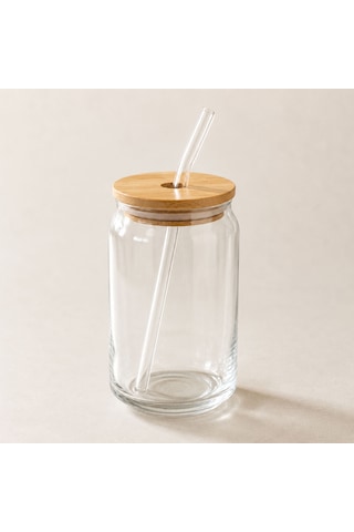 Bk Gift Bambu Kapaklı Pipetli 540 Ml Cam Bardak, Iced Coffee Ve Soğuk İçecek Bardağı