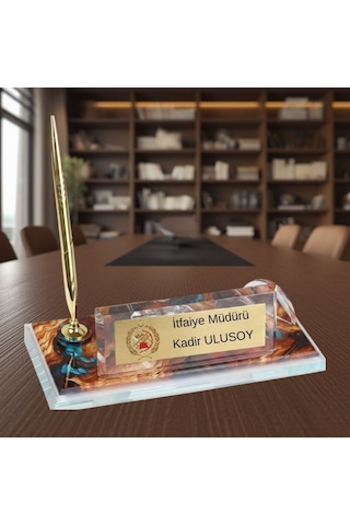 Kişiye Özel İtfaiye Logolu Kristal Masa İsimliği - Saatli Kalemli Lüks İtfaiyeci Hediyesi Çok Renkli