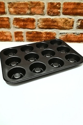 Yanmaz Yapışmaz Borulu 12 Li Teflon Muffin Kek Kalıbı Siyah