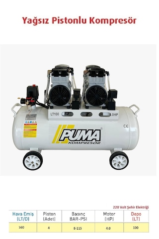 Puma PDN100-4M 100 L Yağsız Düşük Ses Desibelli Kompresör