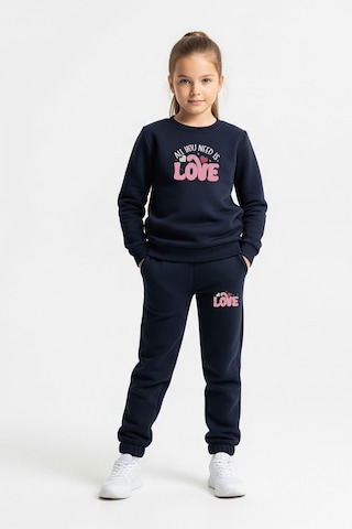 Düz Yuvarlak Yaka Lowe Yazı Baskılı Kız Çocuk Eşofman Takımı Lacivert