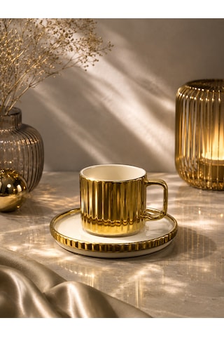 2 Kişilik Porselen Çizgili Modern Kahve Fincanı Takımı Seti 100ml Gold