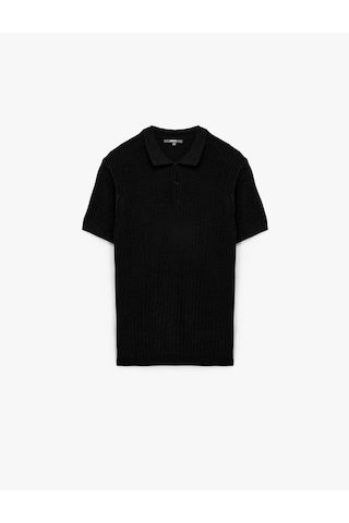 Koton Regular Fit Kısa Kollu Pamuklu Dokulu Düğmeli Polo Yaka Triko Tişört Siyah 7wam70044ht