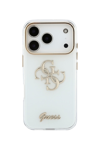 Apple iPhone Uyumlu 18 Pro  Kılıf Guess  Lisanslı Yazı Ve 4g Büyük Metal Logolu Silikon Kapak Beyaz