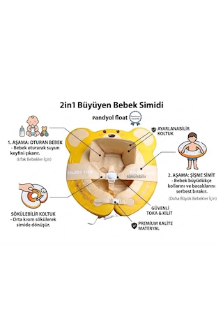 Bebek Yüzme Simidi 2'si 1 Arada- İç Haznesi Çıkabilir, Güvenli ,yeni Model- Ayıcık Desenli Sarı
