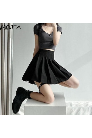 Siyah Yaz Kadın Etek Tarzı Pileli Etek Şık Öğrenci Yüksek Bel A-line Etek Kadın Siyah