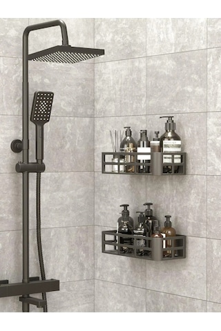 Banyo Düzenleyici Şampuanlık Sabunluk 2 Li Set Yapışkanlı Duşakabin Düzenleyici Organizer Siyah
