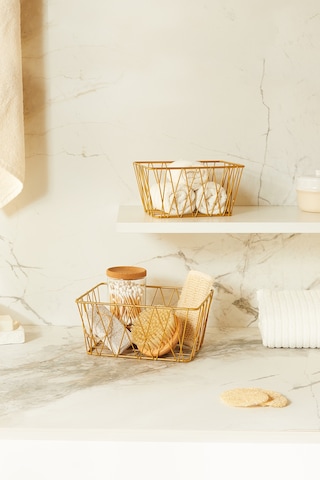 Ocean Home Textile 2'li Altın Renk Metal Sepet Set 25 x 18.5 x 10.5 / 20.5 x 15.5 x 10 cm