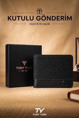 Tony York Orijinal Erkek Özel Kutulu Spor Şık Deri & Kot Görünümlü Kartlık Para Bölmeli Kartlıklı Siyah Cüzdan