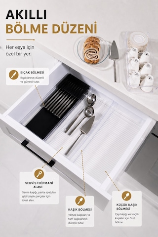 Çekmece İçi Bıçaklık Organizer Bölmeli Mutfak Düzenleyici Siyah S-11029