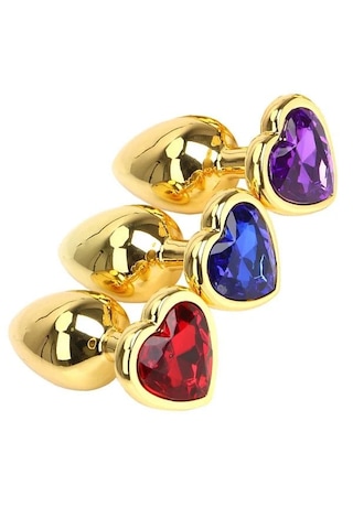 Fastieshop Kalp Mücevherli Çelik Gold Anal Plug - 3'lü Set
