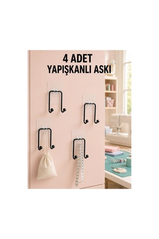 4 Adet Çok Amaçlı Yapışkanlı Askılık Ev Düzenleyici Duvar Askı Seti Siyah