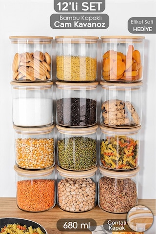 12'li Bambu Kapak Cam Saklama Kabı - Bakliyat Erzak Kavanozu Vakum Kapaklı Cam Kavanoz Seti 680 Ml Şeffaf