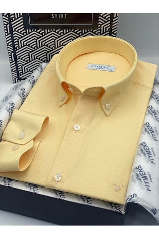 Slim Fit Uzun Kol Pamuklu Hediye Kutulu Kolay Ütülenebilir Erkek Gömlek Fs-002225 - Sarı-2808