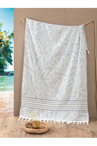 %100 Pamuk Havlu Peştemal, Yaprak Jakarlı, Saçaklı Plaj Ve Banyo Havlusu 90x170 Cm - İndigo Indıgo Indigo