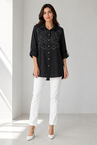 Bihan Store Göğüs Nakış Detaylı Katlanabilir Kollu Siyah Tunik Gömlek Y26-2506-siyah
