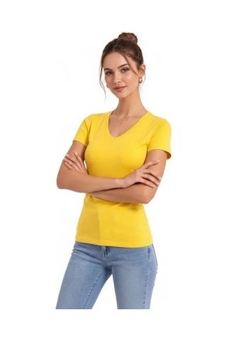 Valensdesign T-shirt V Yaka Slim Fit Likralı Tişört Günlük Basic Body - Sarı