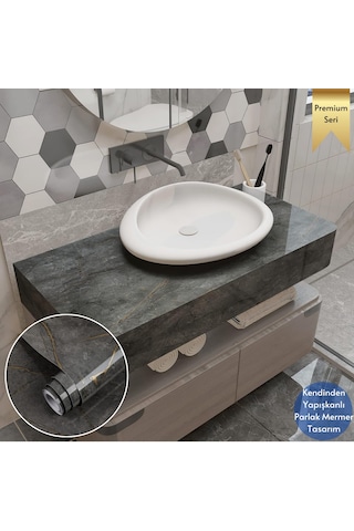 Technosmart 60x500cm Mermer Desen Kendinden Yapışkanlı Duvar Kağıdı Kaplama Mutfak Tezgeh Masa Folyo Koyu Gri
