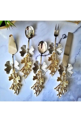 5 Parça Kelebek Desenli Gold Saplı Çelik Servis Seti