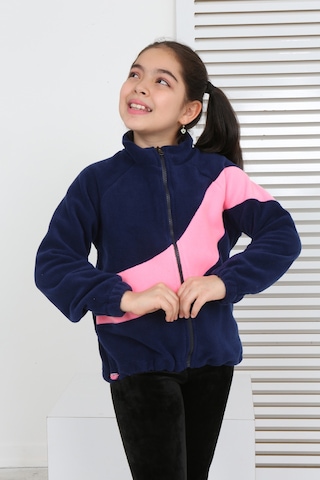 Toontoy Kız Çocuk Dik Yaka Fermuarlı Renk Bloklu Reglan Kol Polar Hırka - Beli Ayarlanabilir Lastikli Lacivert