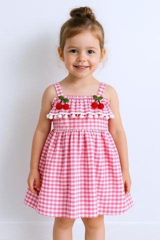 Kız Çocuk Askılı Elbise Dantelli Ekose Desenli B14 Turuncu