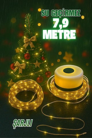 Şarjlı Makaralı Su Geçirmez Led Işık Yılbaşı İç Ve Dış Mekan Led Işık Zinciri 79 +30 Ledli 8 Metre Sarı