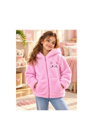 Uğur Bebe Kız Çocuk Peluş Hırka Kapüşonlu Cepli Yumuşacık Kışlık Açık Pembe Renk Hırka Kuromi Açık Pembe Açık Pembe