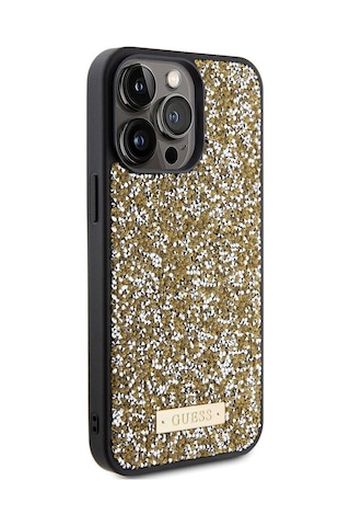 Apple Uyumlu iPhone 15 Pro Max Kılıf Guess Lisanslı Taşlı Arka Yüzey Metal Yazı Logolu Kapak Siyah