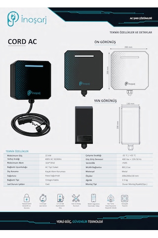 İnoşarj Cord Ac 22 Kw Wi-fi Entegre Kablolu Type 2 Elektrikli Araç Şarj İstasyonu