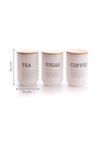 3'lü Vakumlu Bambu Kapaklı Beyaz Tea Coffee Sugar Kavanoz Seti 900 Ml - Çay,şeker,kahve Kavanozu Şeffaf
