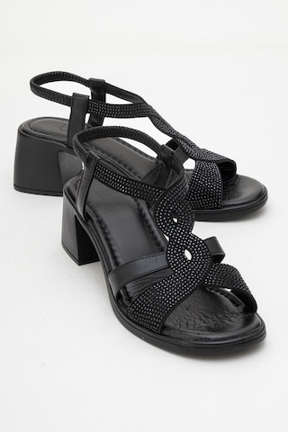 Luvishoes Luvi Shoes Dolen Siyah Taşlı Hakiki Deri Kadın Kalın Topuklu Sandalet Siyah