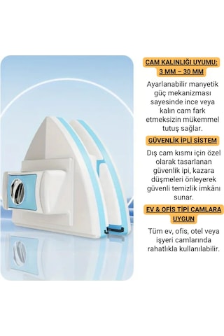 Polham 3-30 Mm Çift Cam Uyumlu Ev Ve Ofis Manyetik Cam Temizleyici, Çift Taraflı, Güvenli İpli Süper Etkili Cam Temizleyici Beyaz