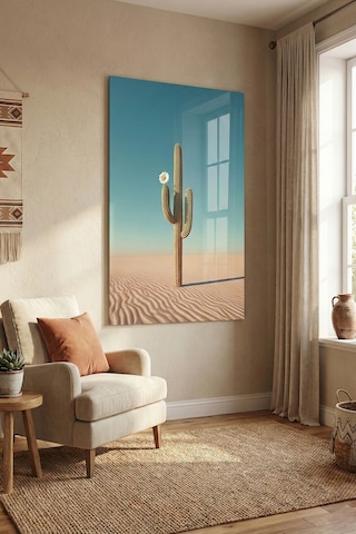 Kırılmaz Cam Tablo 5mm Kalın - Ev İşyeri Duvar Dekorasyonu Saguaro Kaktüs Dikey - Çöl Bitki Yeşil Botanik Salon Mutfak Temperli Uv Baskılı Hediyelik