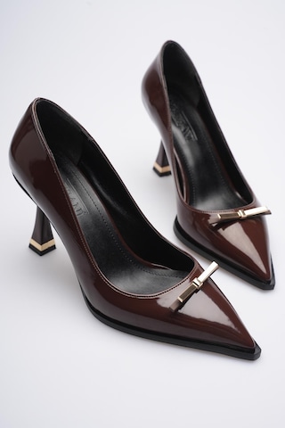 Esatsani Kahverengi Rugan Gold Toka Detaylı Sivri Burun 9 Cm Topuklu Rara Stiletto Kadın Ayakkabı Kahverengi
