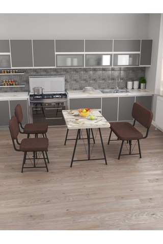 Mygusi Hayat 2 Sandalyeli 1 Bench Mutfak Masa Takımı Mermer Efes Kahve