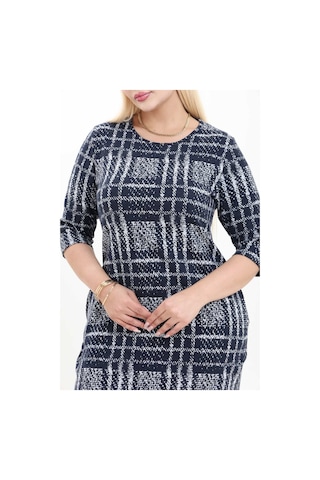 Çift Cepli Desenli Esnek Kışlık Büyük Beden Midi Elbise 37d-2739 Lacivert