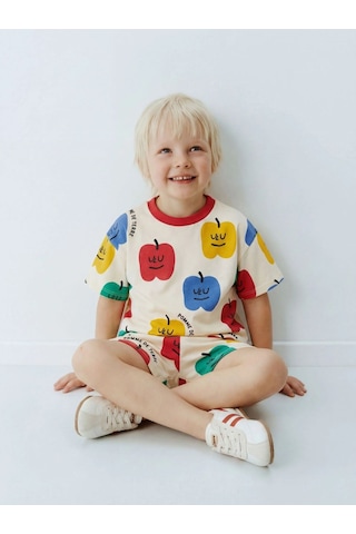 Magu Çocuk Pamuklu Elma Desenli T-shirt Şort Takım Çok Renkli