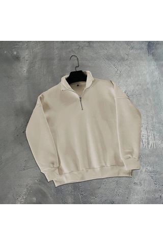 Freedom Storee Erkek Yarım Fermuarlı Üç İplik Sweatshirt - Bej Çok Renkli