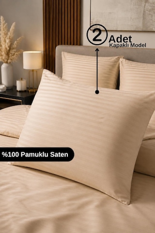 %100 Pamuk Saten Çizgili Kapaklı Yastık Kılıfı 2'li Lüx Otel Kalitesi 50x70 Bej
