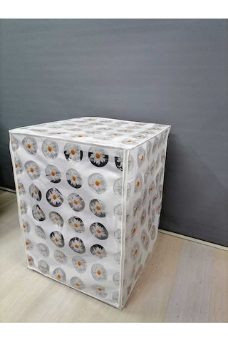 Papatya Desenli Pvc Çamaşır Ve Kurutma Makinesi Örtüsü - Su Ve Toz Geçirmez Leke Tutmaz Beyaz